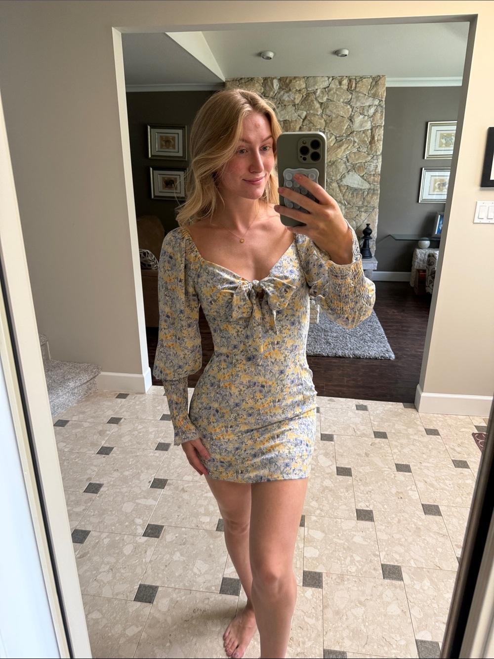 Floral Tie-Front Mini Dress in Light Blue and Yellow